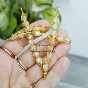 Faceted Glass Beaded Cross Pendant, Wire Wrapped Pendant, 3"